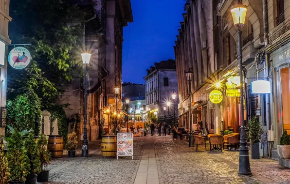 Город, улица, вечер, фонари, Romania, Bucharest