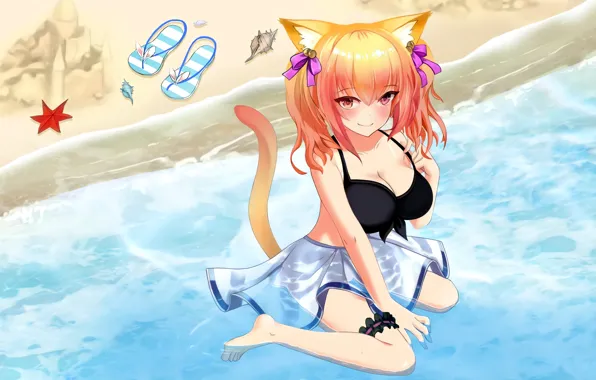 Girl, sexy, cleavage, beach, long hair, legs, boobs, animal ears