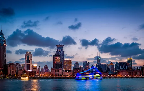 Картинка China, здания, Китай, Shanghai, Шанхай, ночной город, река Хуанпу, Huangpu River