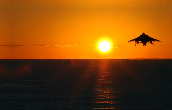 Картинка море, небо, солнце, авиация, закат, самолет
