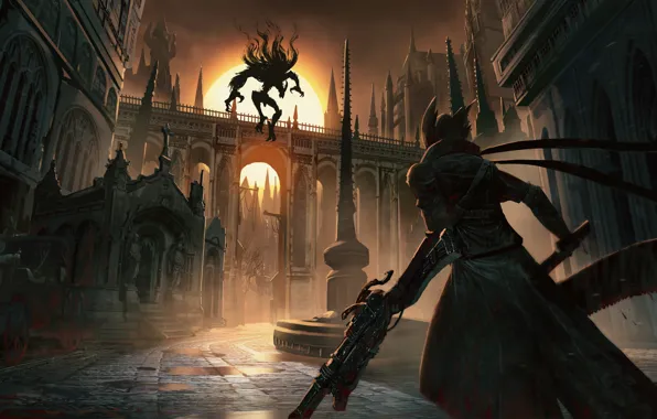 Город, оружие, рассвет, улица, монстр, охотник, Bloodborne