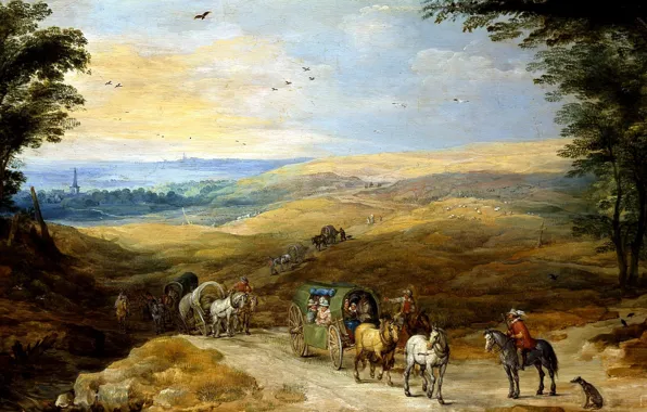 Картина, повозка, всадник, Пейзаж с Путниками, Ян Брейгель старший