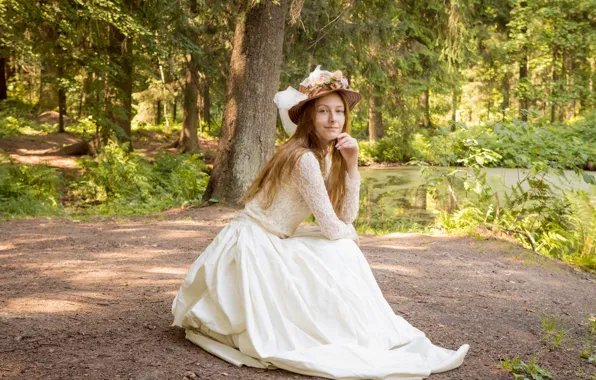 Forest, long hair, trees, nature, model, countryside, pond, photoshoot
