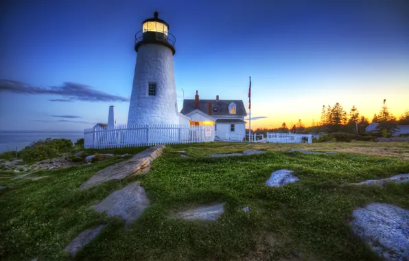 Картинка трава, свет, закат, зеленый, скалы, маяк, lighthouse