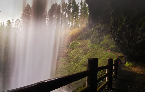 USA, trees, Oregon, nature, water, rocks, fence, waterfall
