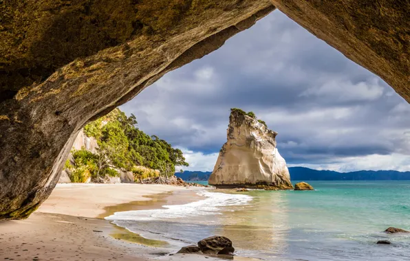 Картинка песок, море, камни, скалы, побережье, Новая Зеландия