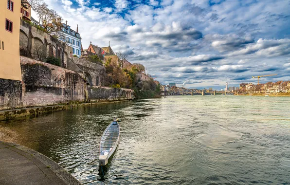 Картинка Облака, Дома, Швейцария, Лодки, Реки