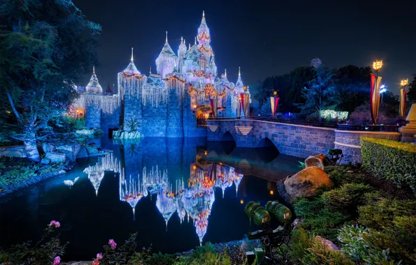 Картинка мост, пруд, отражение, замок, Калифорния, California, иллюминация, Disneyland