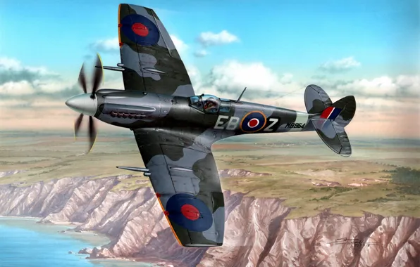 Картинка war, art, painting, aviation, ww2, Supermarine Spitfire Mk.XII, british fighter