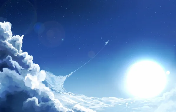 Картинка небо, солнце, облака, самолет, арт