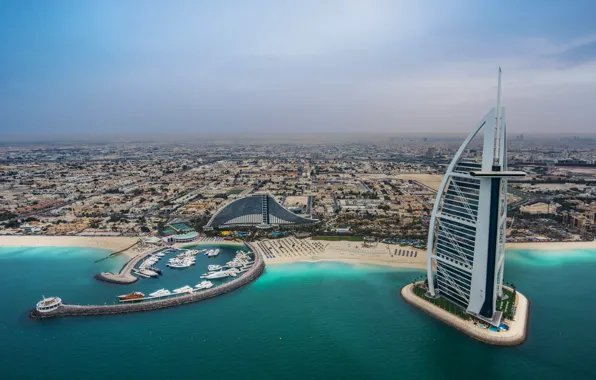 Картинка море, пляж, побережье, здания, бухта, панорама, Дубай, Dubai