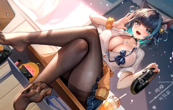 Сердечки, цыпленок, парта, ушки, Cheshire, Azur Lane