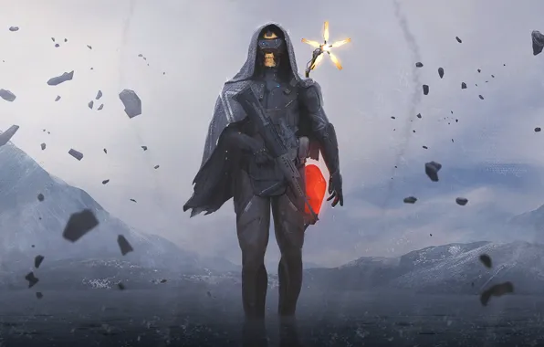 Человек, маска, автомат, капюшон, art, fan art, death stranding