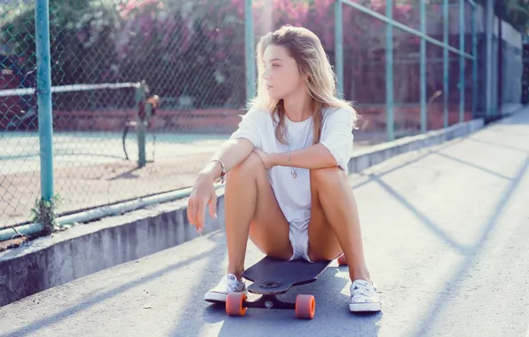 Girl, shorts, beautiful, skateboard, sneakers