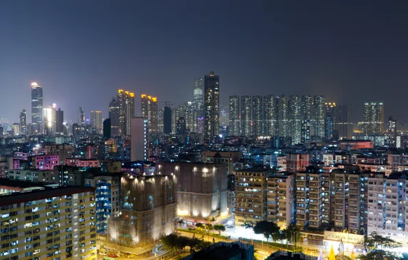 Картинка ночь, огни, дома, Гонконг, небоскребы, Китай, мегаполис, улицы