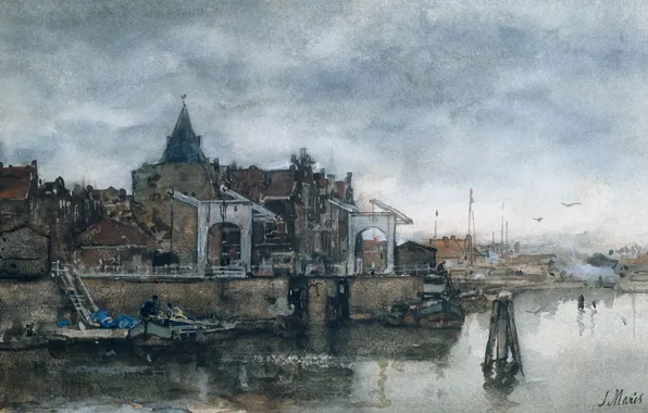 Картинка город, рисунок, акварель, Якоб Хендрикус Марис, Башня Схрейерсторен в Амстердаме