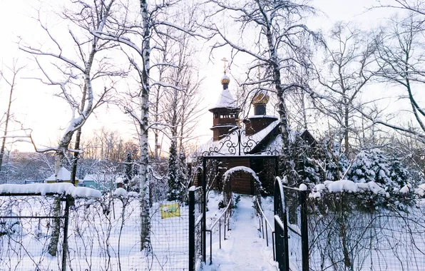Картинка зима, небо, снег, деревья, храм, Россия, архитектура