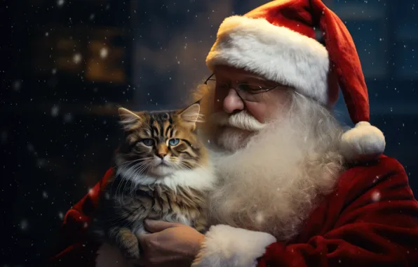 Кошка, кот, котенок, доброта, портрет, Рождество, Новый год, Санта Клаус