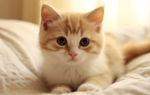 Кошка, взгляд, поза, котенок, кровать, портрет, покрывало, постель