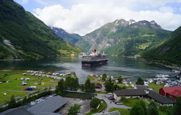 Море, горы, город, корабли, залив, Norway, фьорд, лайнеры