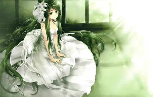 Девушка, свет, цветы, Платье, невеста, зеленые волосы