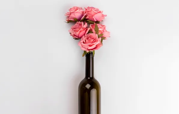 Картинка цветы, бутылка, розы, букет, розовые, pink, flowers, roses