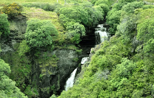 Картинка трава, вода, скалы, водопад, поток, Шотландия, кустарник, остров Скай