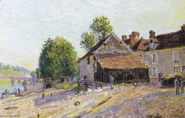 Мост, дом, река, берег, картина, Alfred Sisley, Альфред Сислей, Пейзаж возле Морэ-сюр-Луэна