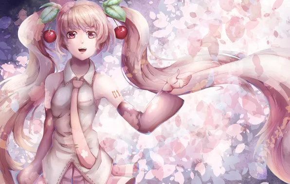 Картинка девушка, цветы, аниме, сакура, арт, vocaloid, вишенки, sakura miku