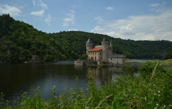 Франция, Природа, Озеро, Замок, Nature, France, Castle, Lake