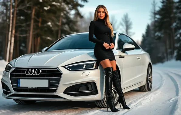 Audi, Girl, Snow, Dress, AI Art, AI Generated