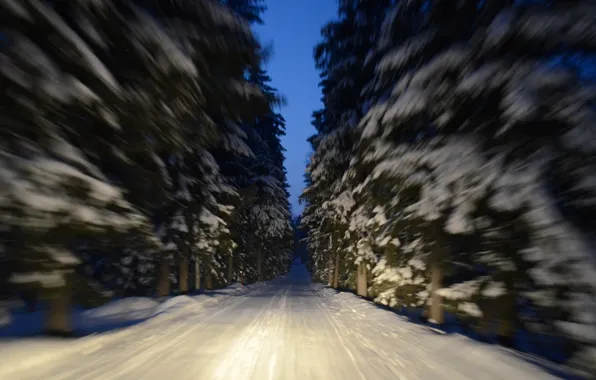 Зима, дорога, макро, снег, деревья, движение, Финляндия, Finland