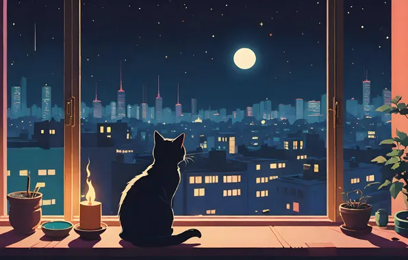 Картинка кошка, небо, кот, звезды, ночь, город, луна, рама