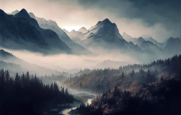 Лес, снег, пейзаж, горы, природа, туман, река, рендеринг