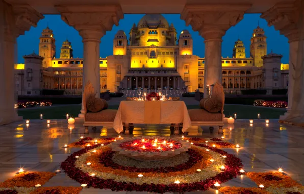 Вечер, свечи, дворец, palace, ужин, India