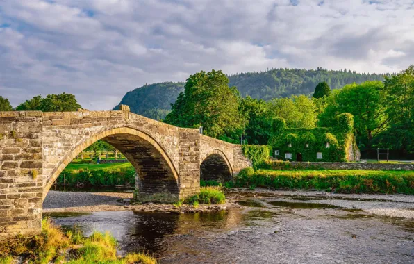 Пейзаж, мост, природа, река, Великобритания, Северный Уэльс, Pont Fawr