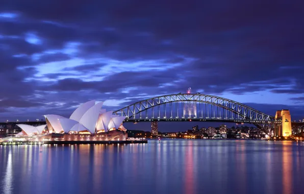 Картинка море, небо, тучи, мост, огни, вечер, освещение, Австралия