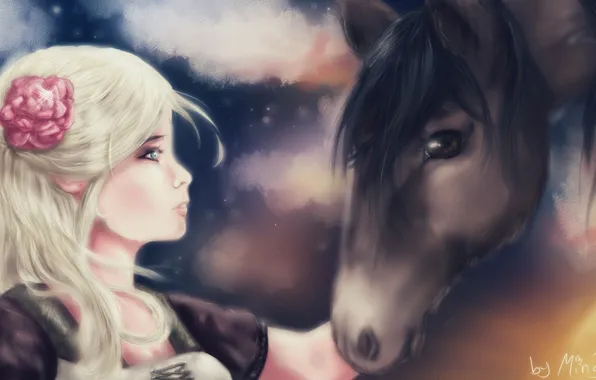 Картинка цветок, аниме, арт, профиль, девушка. лошадь