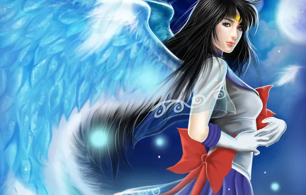 Картинка девушка, крылья, перья, арт, перчатки, банты, bishoujo senshi sailor moon, sailor saturn