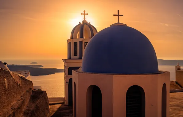 Картинка море, закат, город, вид, Санторини, Греция, церковь, купола