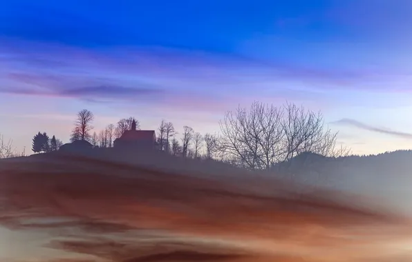 Картинка поле, туман, утро, храм