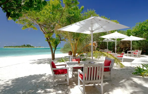 Пляж, пальмы, океан, ресторан, Мальдивы, Maldives, Kanuhura, drift restaurant