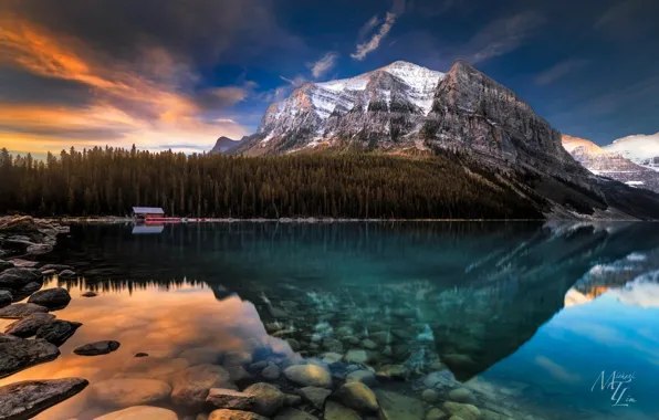 Горы, природа, озеро, рассвет, Alberta, Lake Louise, Canada