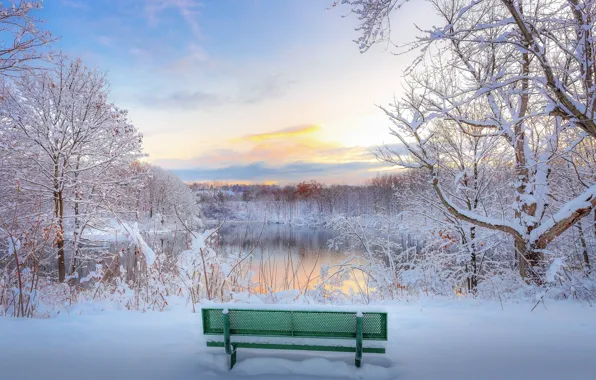 Картинка зима, снег, скамейка, озеро, парк, вечер