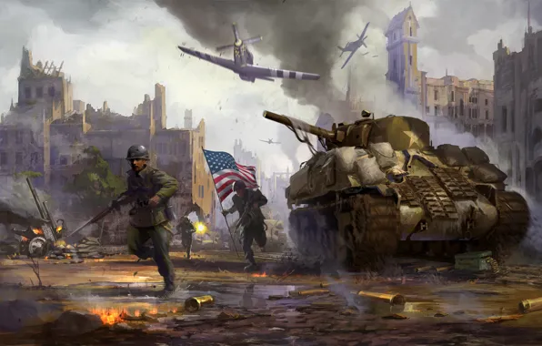 Картинка город, оружие, война, дым, разрушения, бой, флаг, солдаты