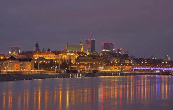 Огни, река, Польша, Варшава, панорама