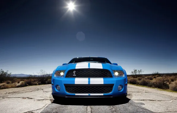 Картинка дорога, солнце, полосы, степь, Mustang, Ford, Shelby, GT500