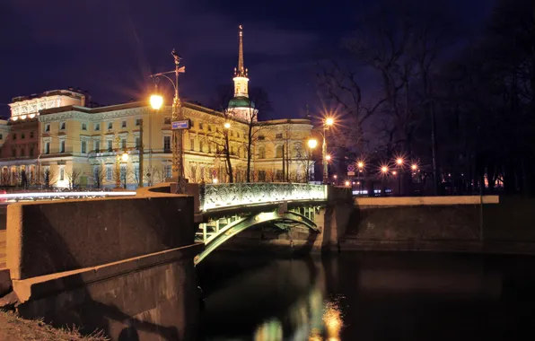 Картинка ночь, мост, огни, здание, фонари, Санкт-Петербург, канал, Россия