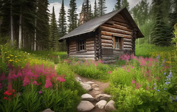 Лес, пейзаж, горы, природа, дом, вид, высота, домик