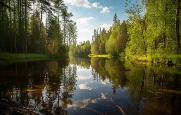 Лес, облака, пейзаж, природа, озеро, отражение, берег, сосны